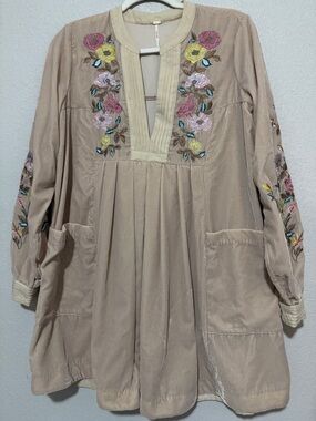 Free People Beige Tunic Dress with Multicolor Floral Embroidery
